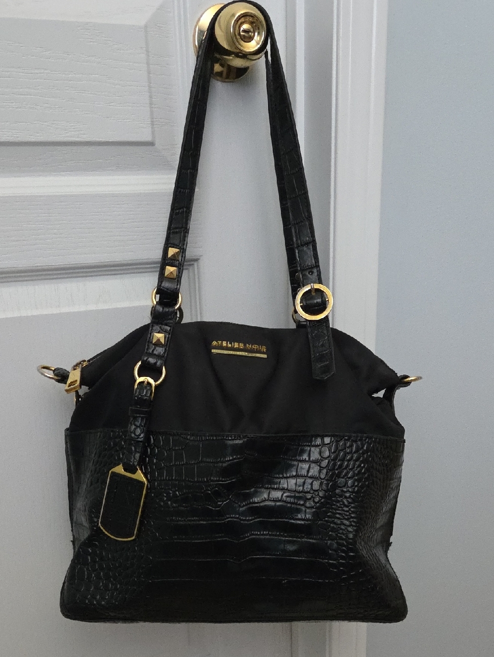 Atelier Noir Black Croc-Embossed Leather & Nylon Shoulder Bag with Gold Hardware